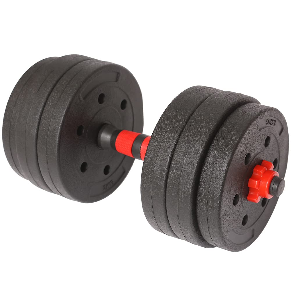 BAKAJI Set 2 in 1 Manubri Regolabili con Barra Bilanciere e 12 Dischi Totale Peso 25kg (4x2.5kg + 4x2kg + 4x1.5kg), Rivestimento Nero e Rosso in Gomma Piuma Antiruggine Antiscivolo, Fitness