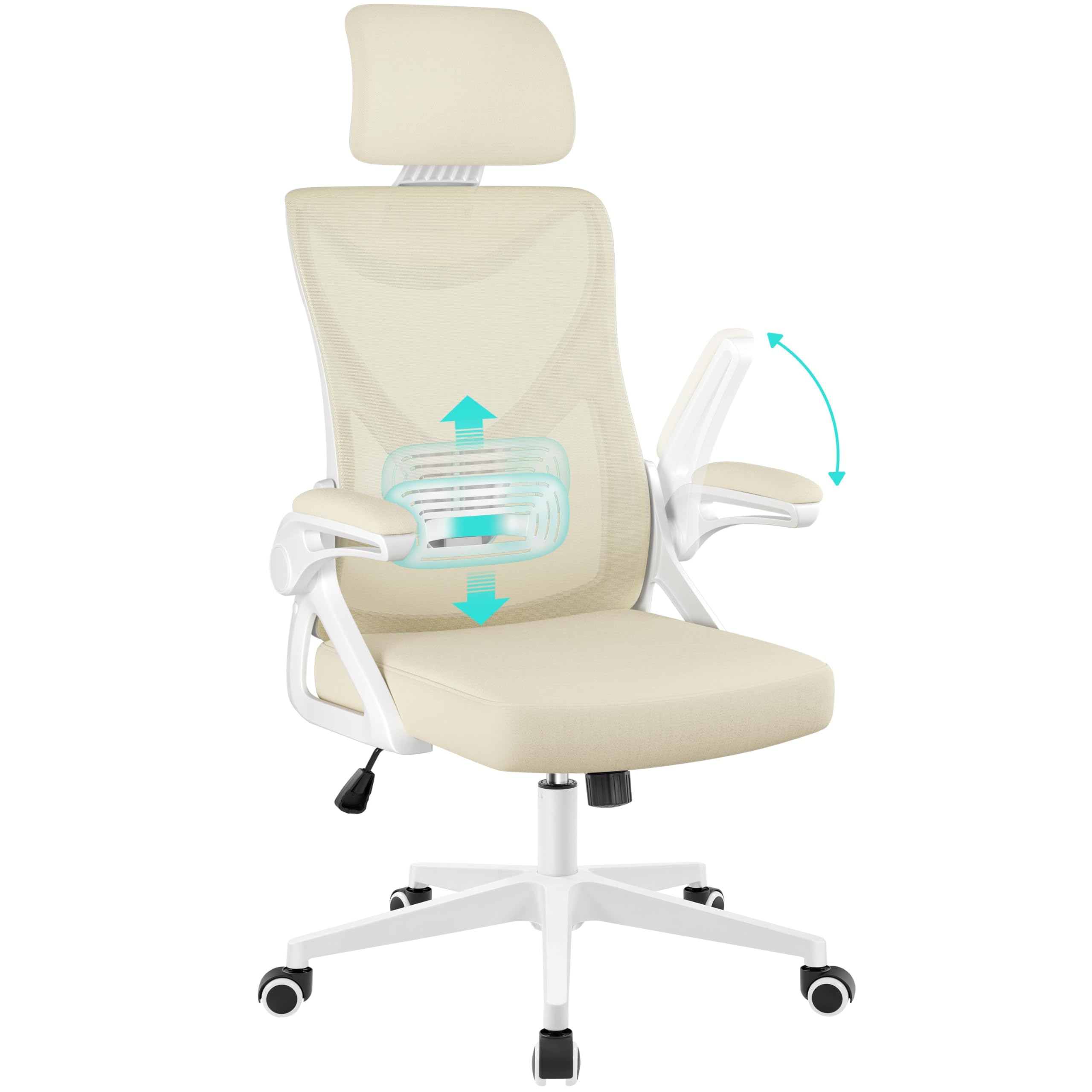 Yaheetech Ergonomic Office Chair with Lumbar Support Desk Chair Adjustable Armrest Office Chair Headrest Swivel Base 70 cm Breathable Beige