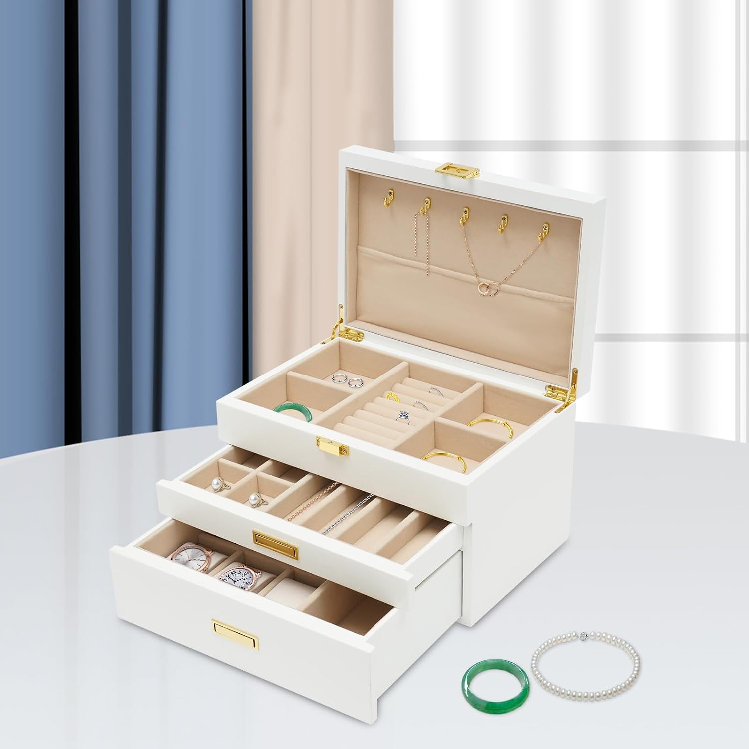3-Tier Wooden Jewelry Storage Box for Organizing Accessories, White Organizer Chest, Elegant Home Display, Ideal for Women and Teens