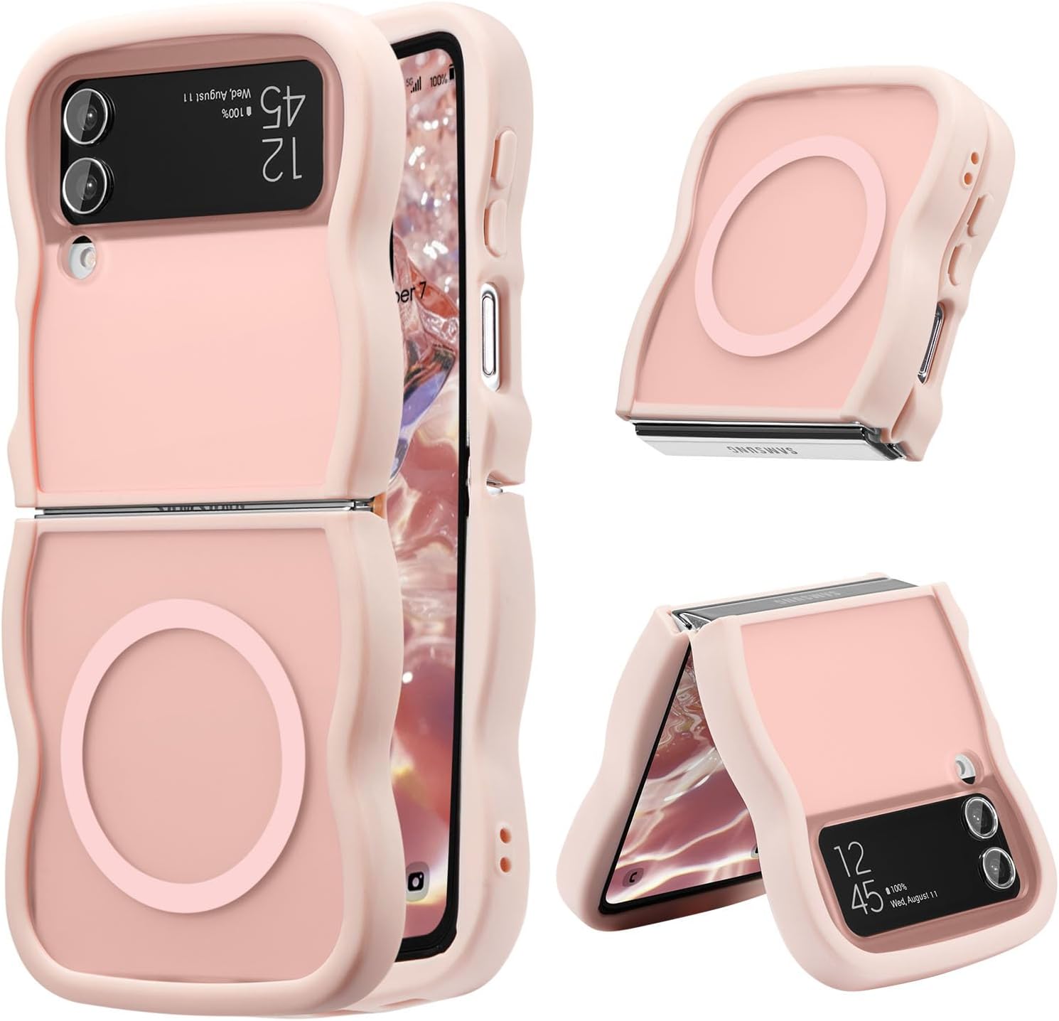 UEEBAI Magnetic for Samsung Galaxy Z Flip 3/Z Flip 4 Case, Compatible with MagSafe, Transparent Clear Wave Frame Design Soft Edge Cover Matte Shockproof Phone Case- Pink