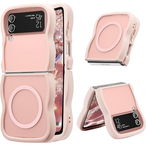 UEEBAI Magnetic for Samsung Galaxy Z Flip 3/Z Flip 4 Case, Compatible with MagSafe, Transparent Clear Wave Frame Design Soft Edge Cover Matte Shockproof Phone Case- Pink