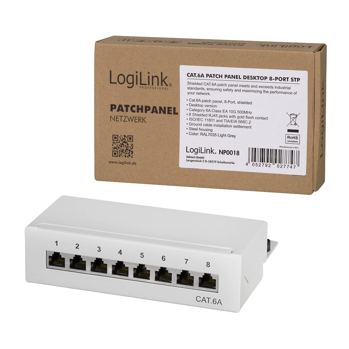 LOGILINK PATCHPANEL Cat.6A Tisch/Wand 8-Port, Gris
