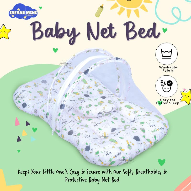 Image of Baby Bed with Mosquito and Insect Protection Net, Portable Mattress with Zip Closure & Pillow Ideal for Babies from 0-6 Months-Unisex (Panda Green)