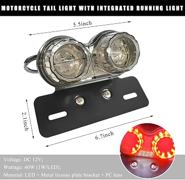 Wevdn 40-LED 40W Motorcycle Tail Light, Integrated Running 40 LED Brake Stop Light with License Plate Bracket, Turn Signal Lamp Tail Light for Motorcycle Street Bike Cruiser (Black)
