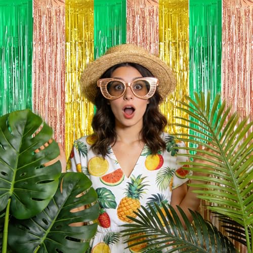 Image of TONIFUL Hawaiian Luau Summer Party Metallic Tinsel Streamer Decorations | 2 Packs 3.3 x 6.6 ft Tropical Luau Foil Fringe Curtains Backdrop for Boho Wedding Pineapple Summer Beach Birthday Party Decor