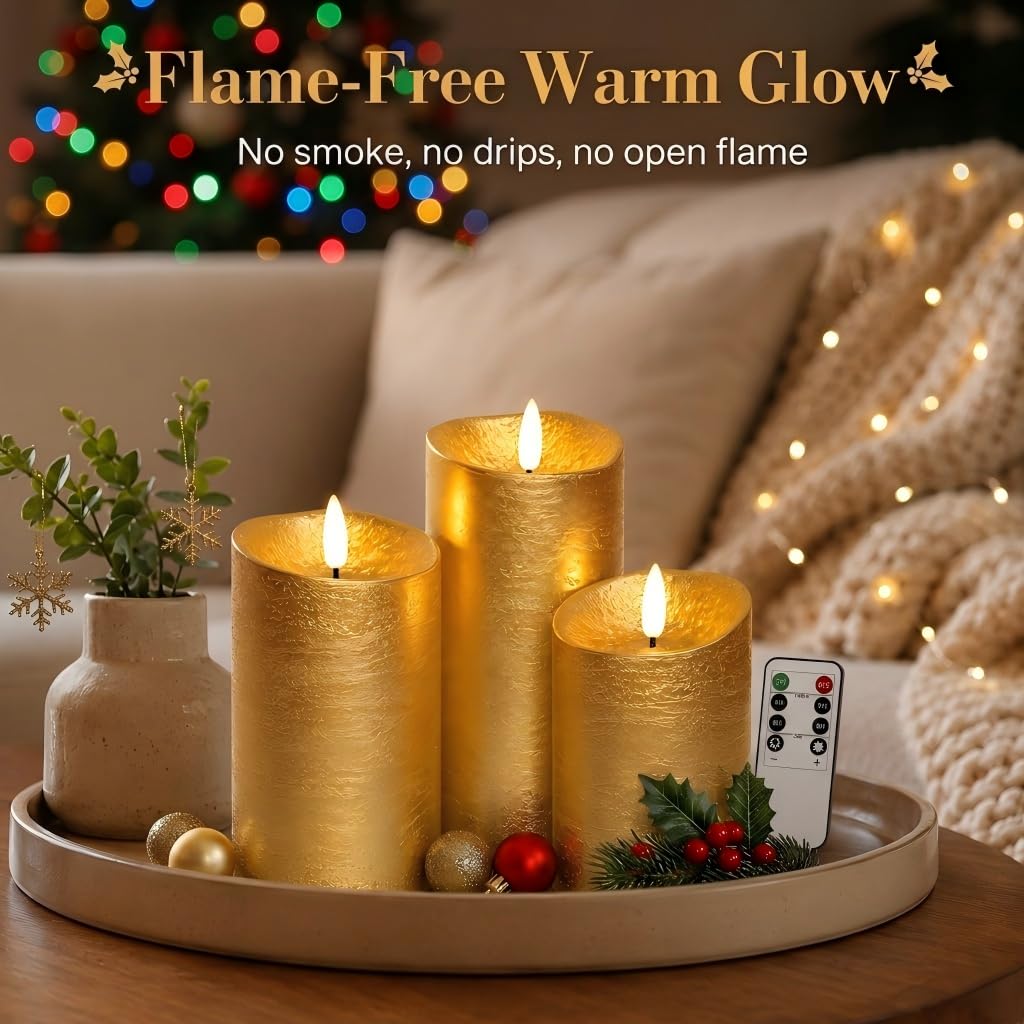 Lot de 3 bougies sans flamme vacillantes avec minuterie, bougies télécommandées, bougies LED à piles pour décoration de Noël Doré