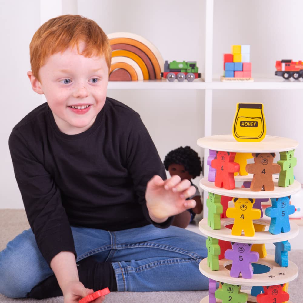 Bigjigs Toys Teddy Tumbling Tower Game - 49pc Tour d'empilement pour Plus de 3 Ans, Puzzles d'équilibrage coloré, Jouets d'empilement en Bois de qualité et Jouets Montessori pour Enfants