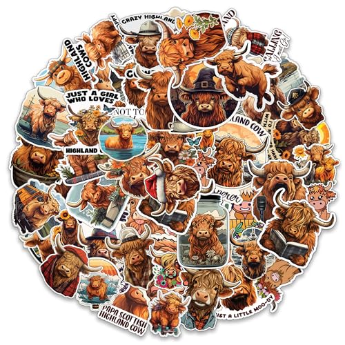 MONIZY Highland Cow Stickers 50 Pieces Vinyl Waterproof Decal for Laptop Water Bottle Phone Car Window Bike Motorcycle Stakeboard Scrapbook Highland Cows Sticker Gifts for Kid Teen Adult