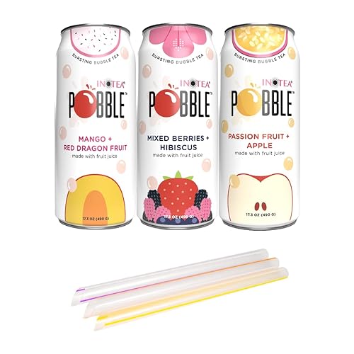 Vista 3 de INOTEA POBBLE BURSTING BUBBLE TEA (paquete de 3 latas) incluye tarjeta de agradecimiento de saltación, té helado enlatado hecho con jugo de fruta