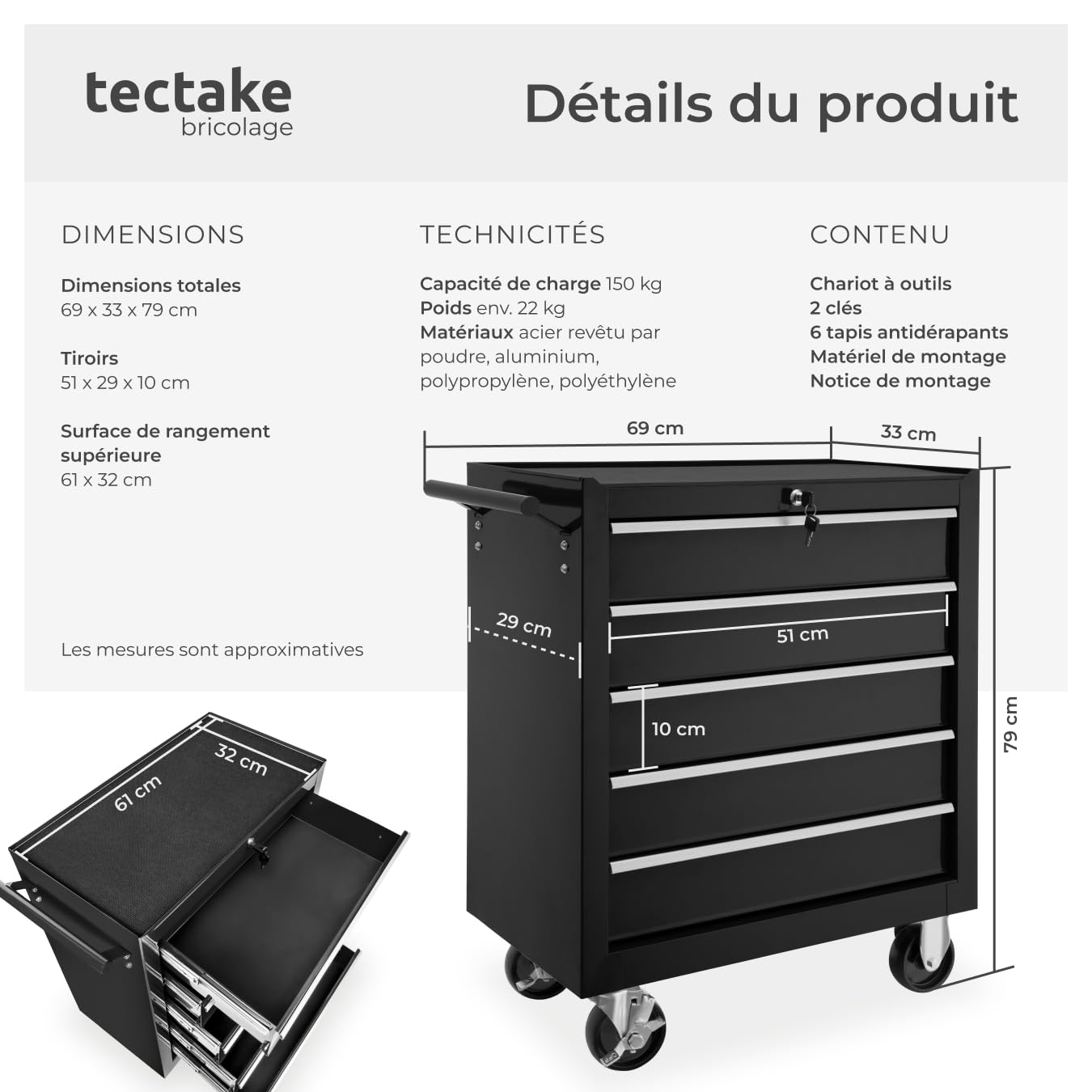 Chariot à outils multifonctionnel à 5 tiroirs avec roulettes, chariot