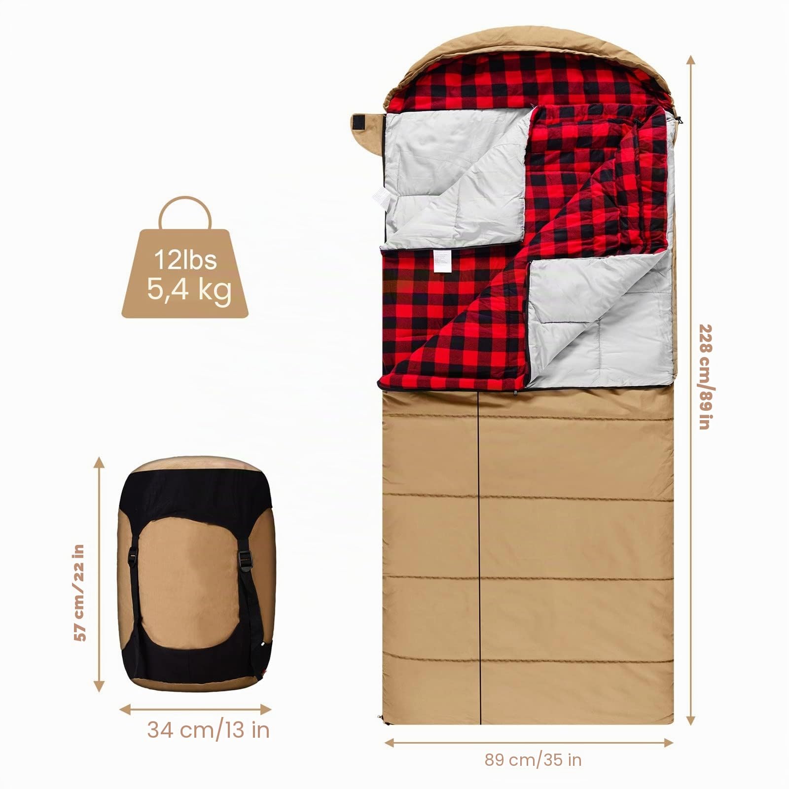 Saco de Dormir de Lona de Invierno de 0 Grados para Pesca, Caza, Viajes y Camping, Especialmente en Invierno frío al Aire Libre con Forro de Franela extraíble y Bolsa de compresión