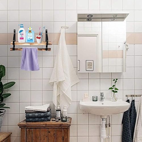 Miniatura 3 de Estantes de pared de madera con toallero, estante de especias de cocina de madera rústica con barra de toalla y 8 ganchos extraíbles para baño,