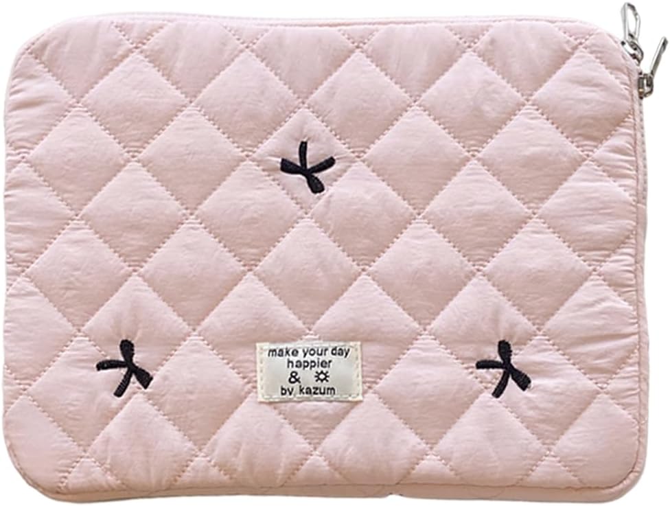 Puffy Laptop Sleeve Case Cute Quilted Computer Bag, 13 Inch Bow Embroidery Printed Laptop Carrying Cases, Coquette Aesthetics Protective Cover, Compatible with 11" 13" 15" Notebook