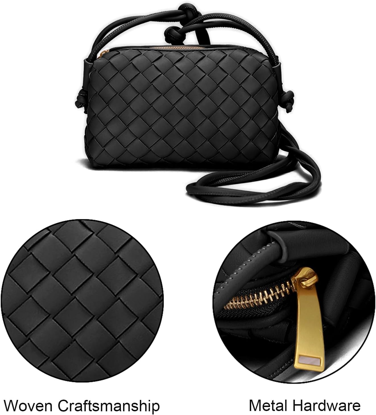 VESTURINA Woven Purse Crossbody Bag for Women, Leather Small Evening Purses with Zipper Closure, Adjustable Shoulder Strap Shoulderbag (Black) - Image 5