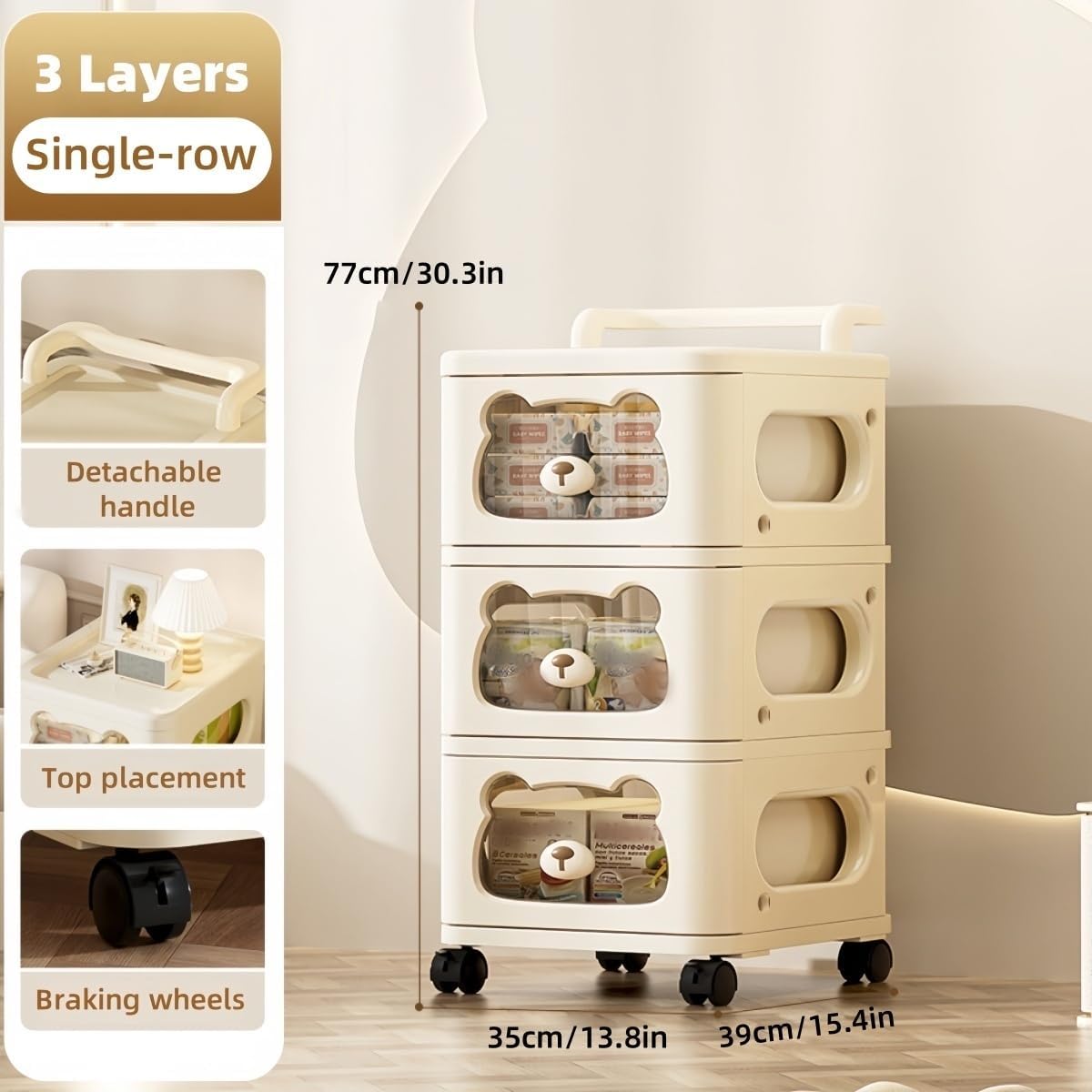 Drawer Storage Organizer, Rolling Storage Cart with 3 Drawers, Plastic Drawer Tower Organization Storage Container with Wheels for Home, Bathroom, Kitchen, Entryway, Office, Dorm