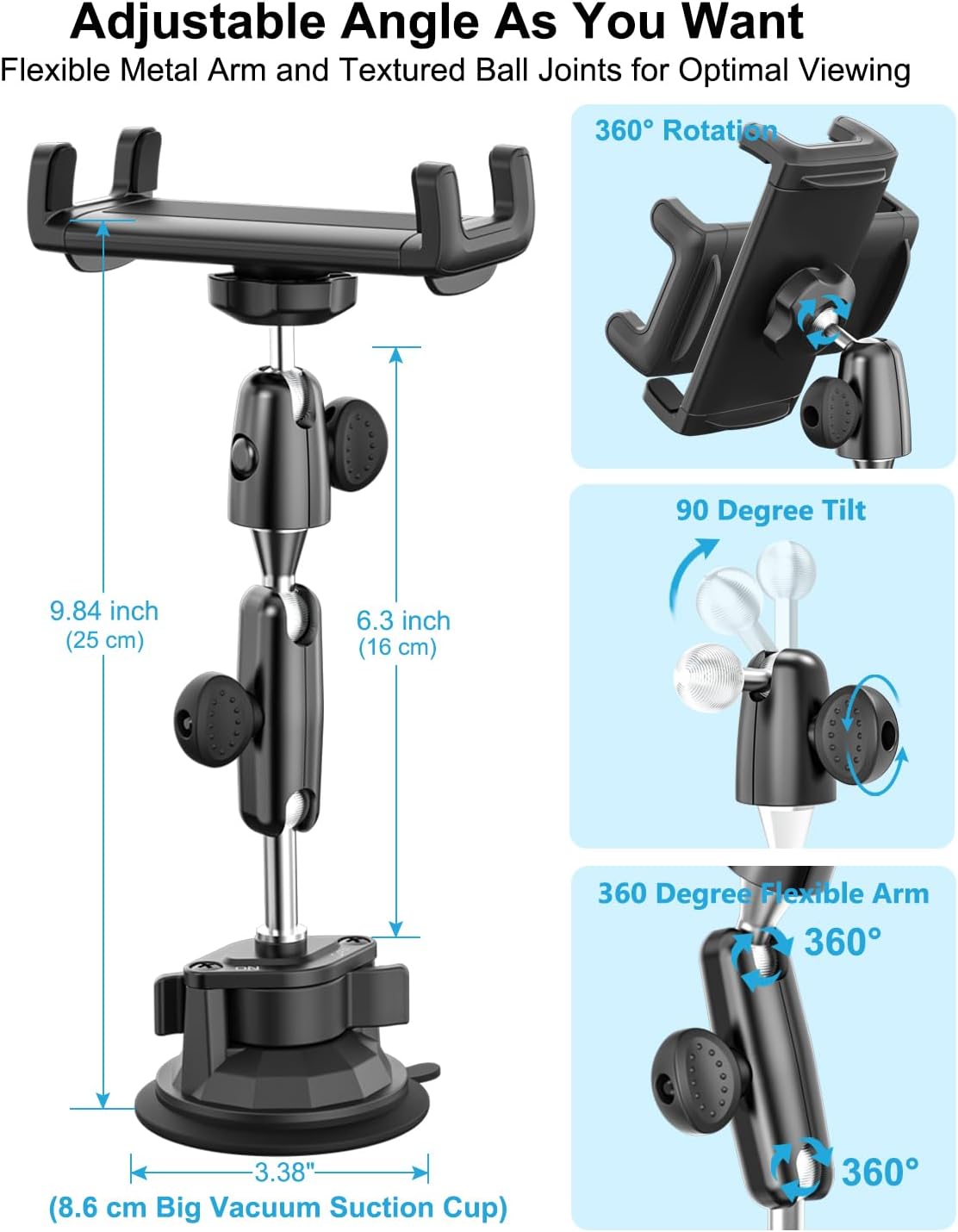 Z Fold Car Holder, [Super Suction Cup] Dashboard Windshield Mount for Foldable Phone, 360° Metal Arm Truck Tablet Phone Stand for Galaxy Z Fold 7 6 5 4 3 2, Pixel Fold, Galaxy Tab, 4-13" Device