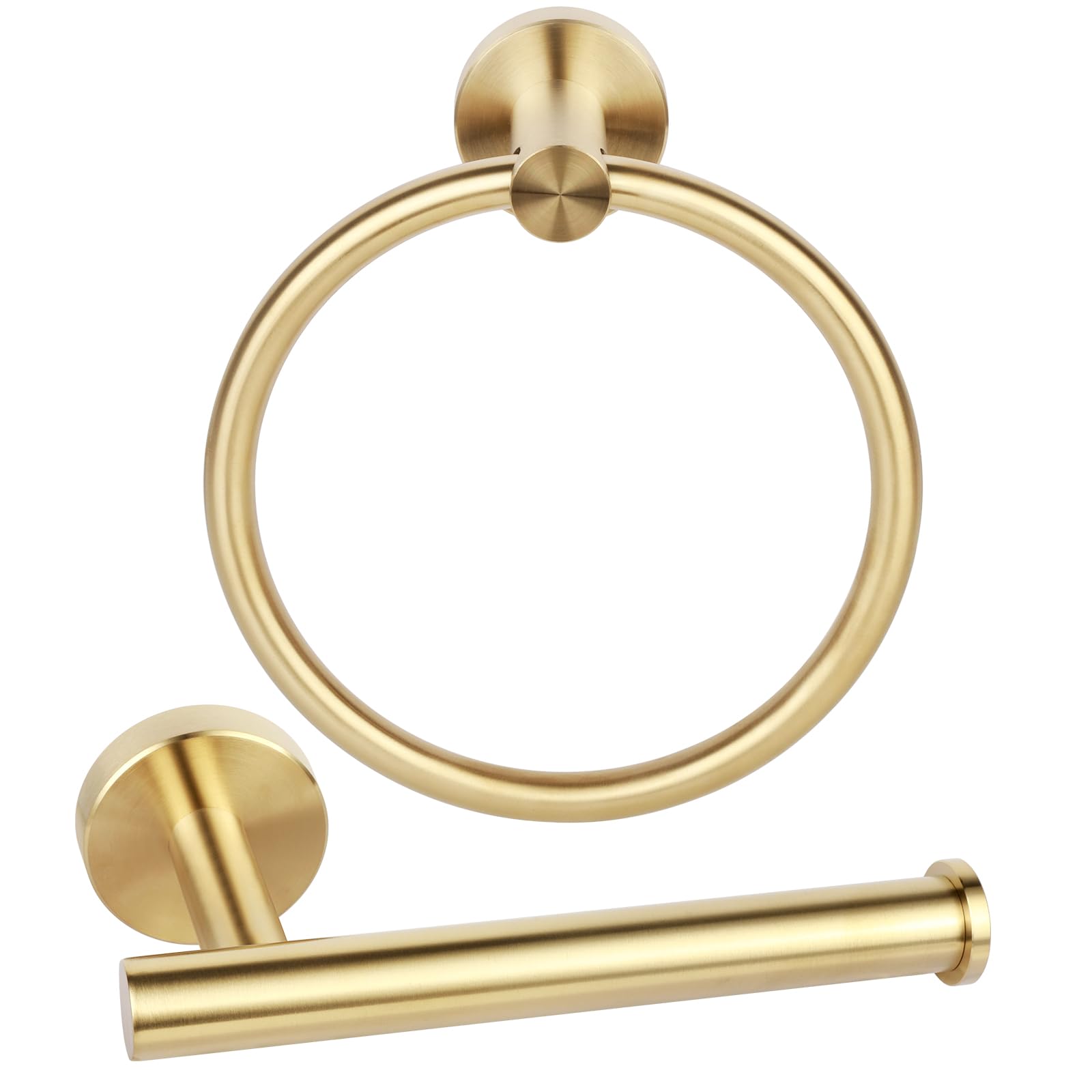 Toilet Roll Holder and Towel Ring Set – Brushed Brass SUS304 Stainless Steel, 2-Piece Bathroom Hardware Kit with 180° Swivel Towel Holder, Wall Mounted Loo Roll Holder, 22mm Fixing Centres