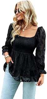 Camisa de Mujer con Cuello Cuadrado, Larga, combinable, de Primavera, Color Negro, Talla S