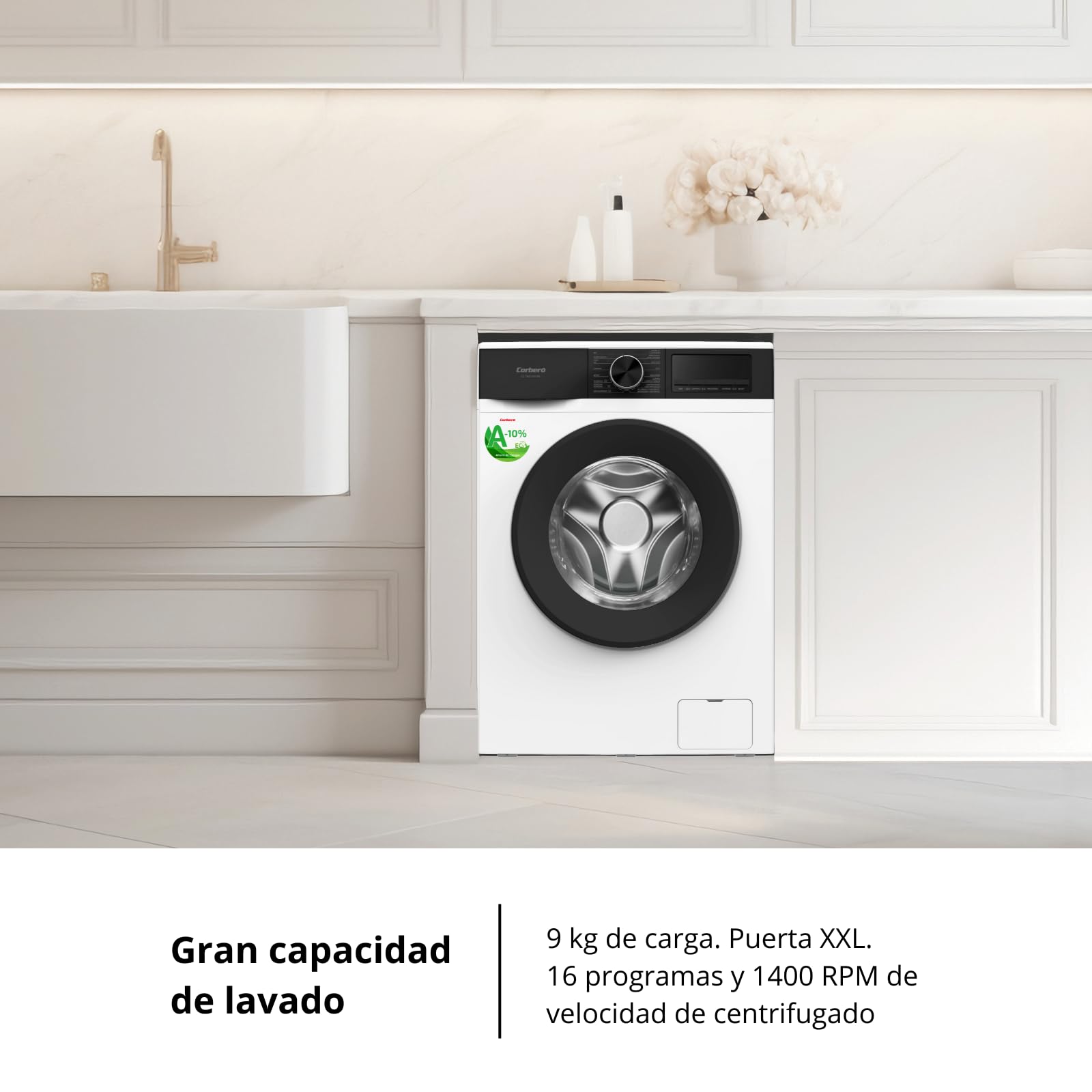 Corberó - Lavadora Carga Frontal | CLT80514VIN | 8 Kg | 1400 RPM | Inverter | 16 Programas | Vapor | Antialérgica | Inicio Diferido | Blanco — view 3