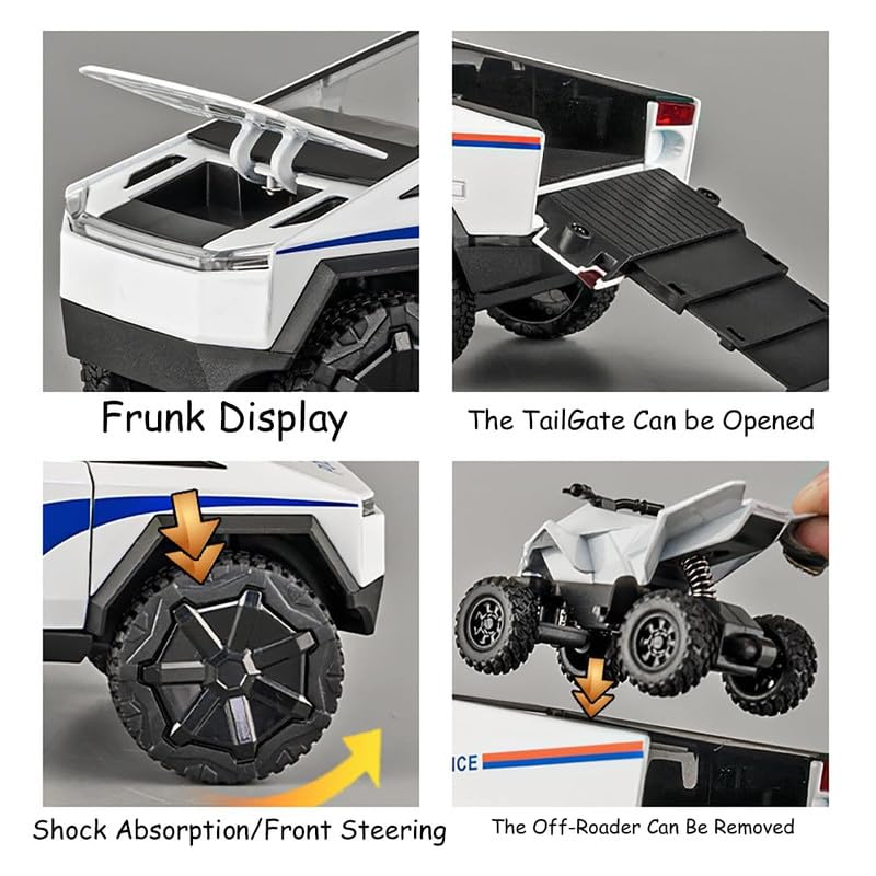 Image of Model 1:24 Police Tesla Truck Model Alloy Metal Pull Back Die-cast Car Openable Doors with Sound and Light Vehicle Car Toy for Kids - Multicolor