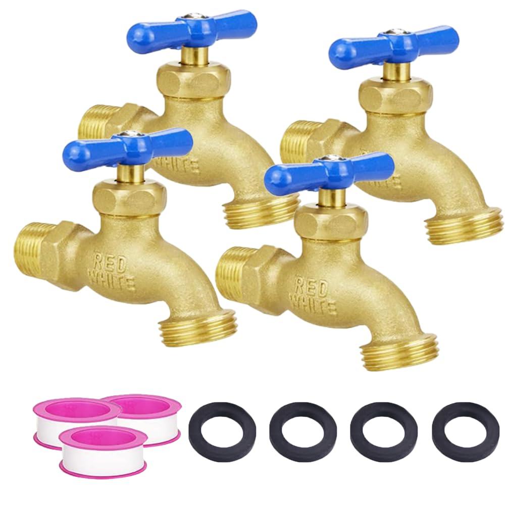 TMOK Robinet de jardin extérieur à débit complet – Entrée MIP 1/2" x sortie MHT 3/4" en laiton robuste, facile à installer, contrôle de l'eau multi-tours, comprend du ruban en téflon et des rondelles