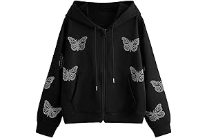 SweatyRocks Women's Casual Zip Up Black Hoodie with Butterfly Rhinestone