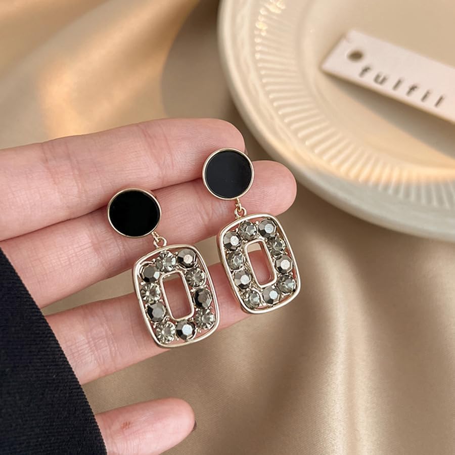 18K Gold Plated Black and Gold Rectangle Drop Earrings for Women – Elegant Geometric Dangle Earrings with Crystal Accents and Cubic Zirconia, Vintage-Inspired Statement Jewelry - Image 3