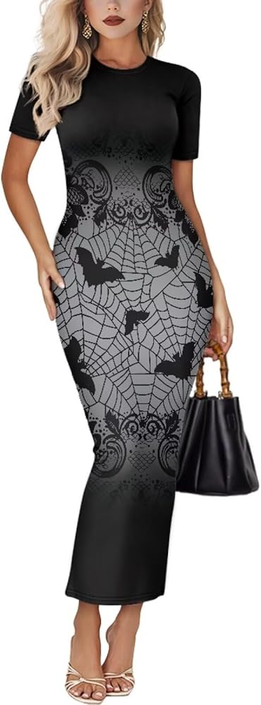 Amazon.com: Nxidvxne Halloween Bat Spiderweb Printing Ladies Dresses Crew  Neck Long Skirt Outfits Plus Size Halloween Party Costume Short Sleeve  O-Neck Maxi Dress for Women : Clothing, Shoes & Jewelry