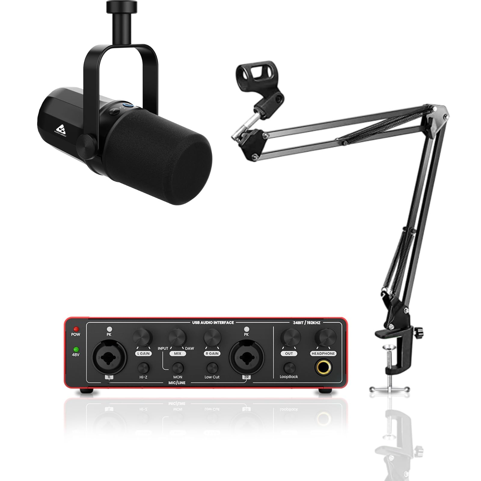 Complete Podcast Bundle | USB/XLR Dynamic Mic with Audio Interface 24bit/192kHz & Boom Arm Stand | Professional Streaming & Recording Kit for PC, Mac & Mobile Devices - PB-02