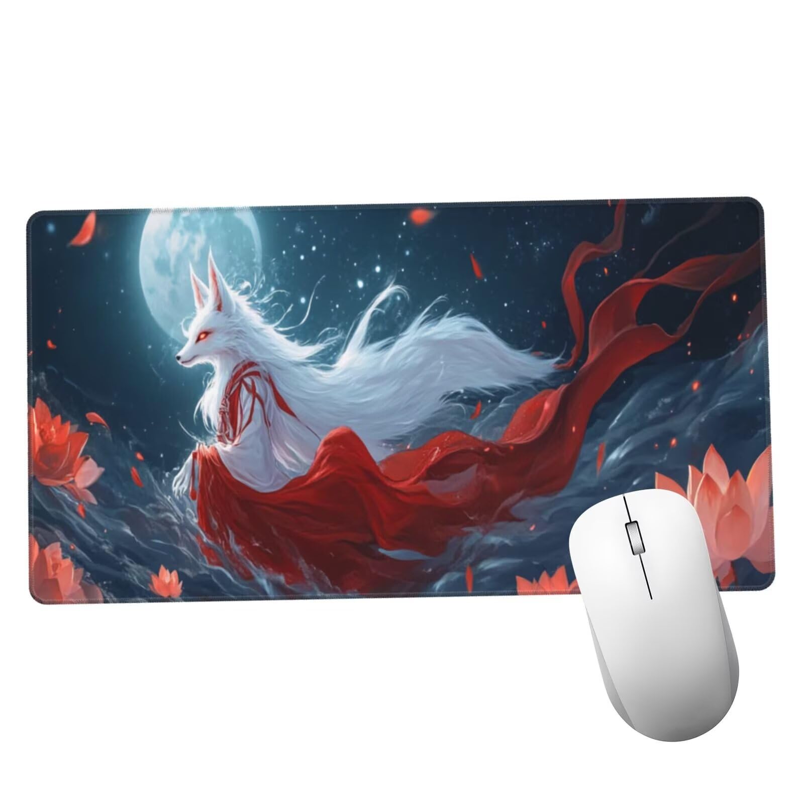 Podkładka pod mysz XXL lis mata na biurko księżyc 1600 x 800 x 3 mm zmywalna podkładka do gier na laptopa, z antypoślizgową gumową podkładką dla graczy, PC, pracowników biurowych Y927
