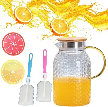 Glass Pitcher with Lid and Handle Jugs, 61 oz Glass Water Pitcher, Iced Tea Pitcher, Borosilicate Glass Carafe for Hot/Cold Water, Large Jug for Coffee, Juice, Milk, Homemade Beverage