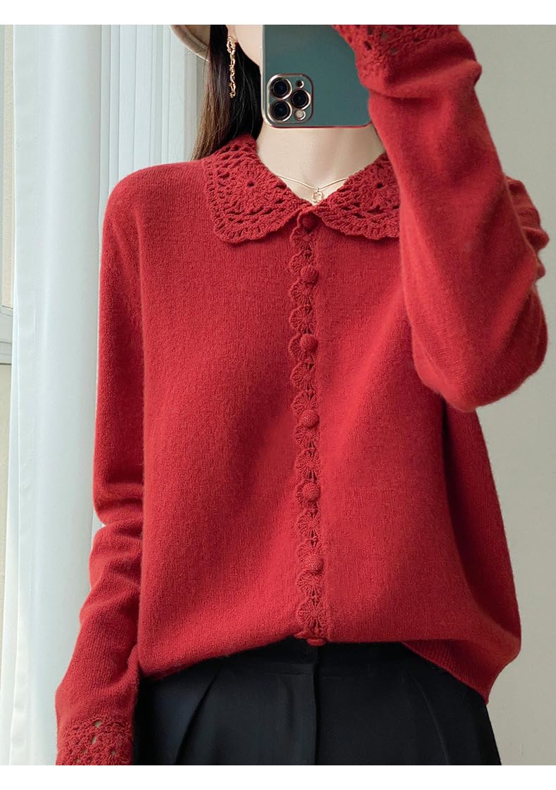 Cárdigan Lana Merino para Mujer con Cuello Peter Pan, Tapeta Encaje Festoneada, Manga Larga, Tejido Ajustado, Chaqueta Punto Suave Y Cálida para Oficina, Uso Diario E Informal.
