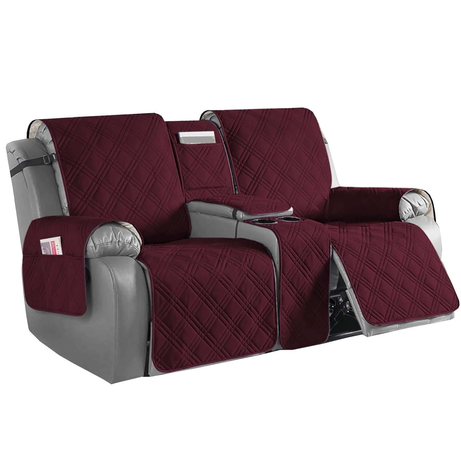 JORTUIO 2 Seater Loveseat Recliner Cover with Center Console, Waterproof Pet Cover for Dual Recliner with Straps Design, Split Reclining Loveseat Covers Furniture Pet Protector(Burgundy)