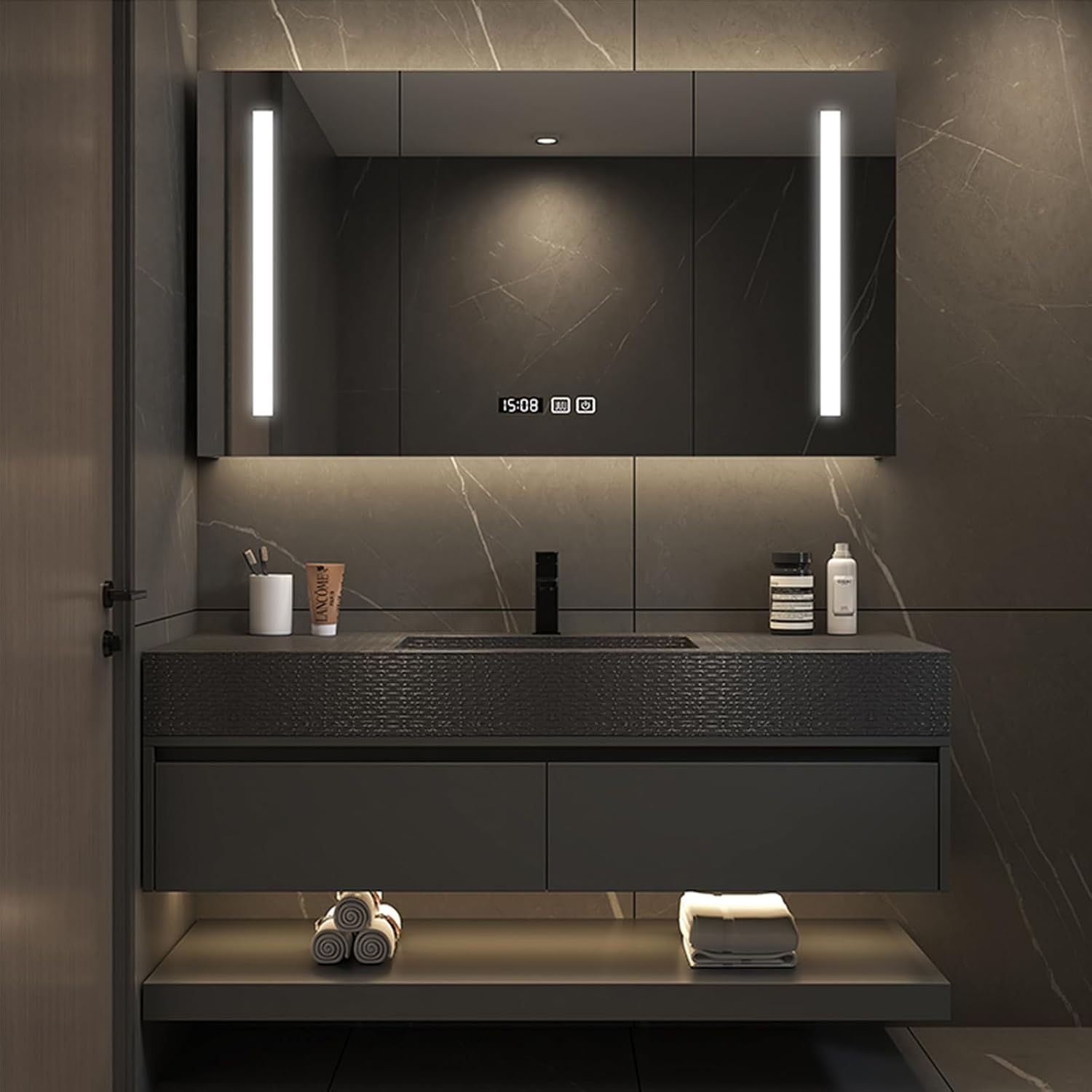 Bathroom Vanity Set, Modern Bathroom Cabinet Vanity with Sink, Wall Mount Floating Vanity with LED Smart Defogging Cabinet,Solid Wood Upscale Bath Vanity (Single Sink,44")