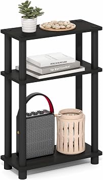 Furinno Turn-N-Tube Narrow Side Table, 3-Tier Rectangular Modern End Table with Storage Shelf, Slim Toolless Assembly Nightstand, Night Stand, Bedside Table, for Living Room, Bedroom, Espresso