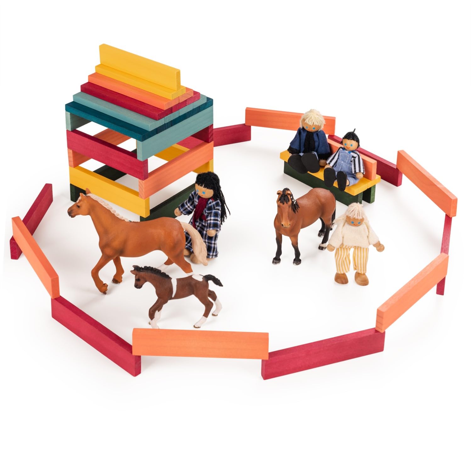 Laleni Bloques Madera construcción niños 220 Piezas Color Natural + 90 de Colores - Juego Bloques Madera y Caja - construcciones de Madera - Piezas Madera construcción niños - Bloques de Madera Pino