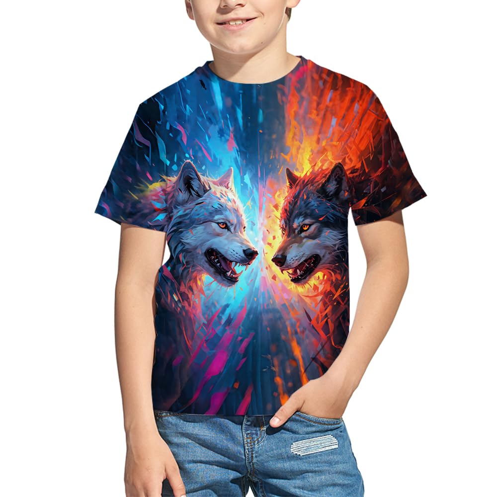 Kids 3D Print Graphic Tees Funny Wolf Short Sleeve T Shirts for Youth Boys Girls 4-14 Years