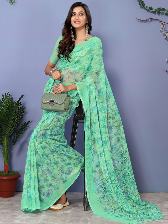 Image of SIRIL Women's Floral Printed Georgette Saree With Unstitched Blouse Piece (3143S824 Turquoise)