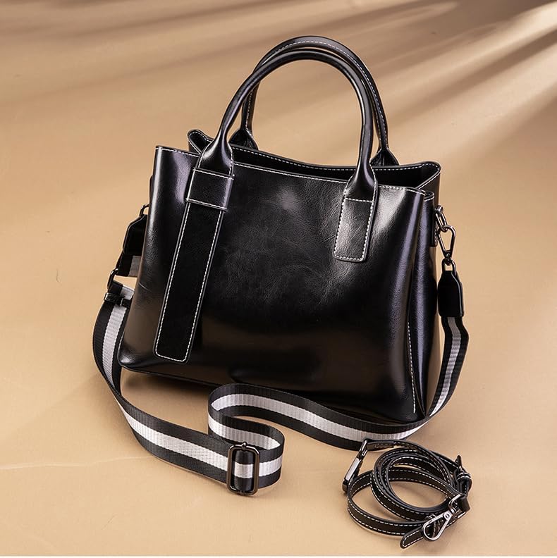 Women's Genuine Leather Tote Bag, Satchel Handbags with 2 Interchangeable Straps, Classic Top Handle Shoulder & Crossbody Purse for Work - Black - Image 3