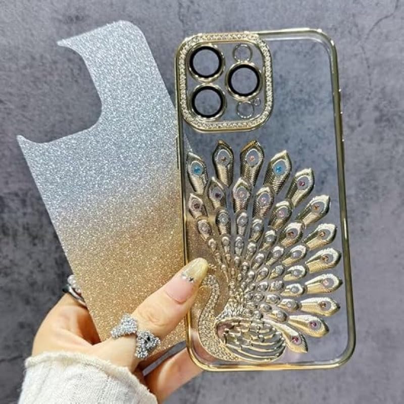 Image of mobistyle Case for iPhone 15 Pro,3D Diamond Luxury Electroplate Glitter Peacock Tail Bling Design Camera Protection Shockproof Phone Case for (Gold, iPhone 15 Pro)