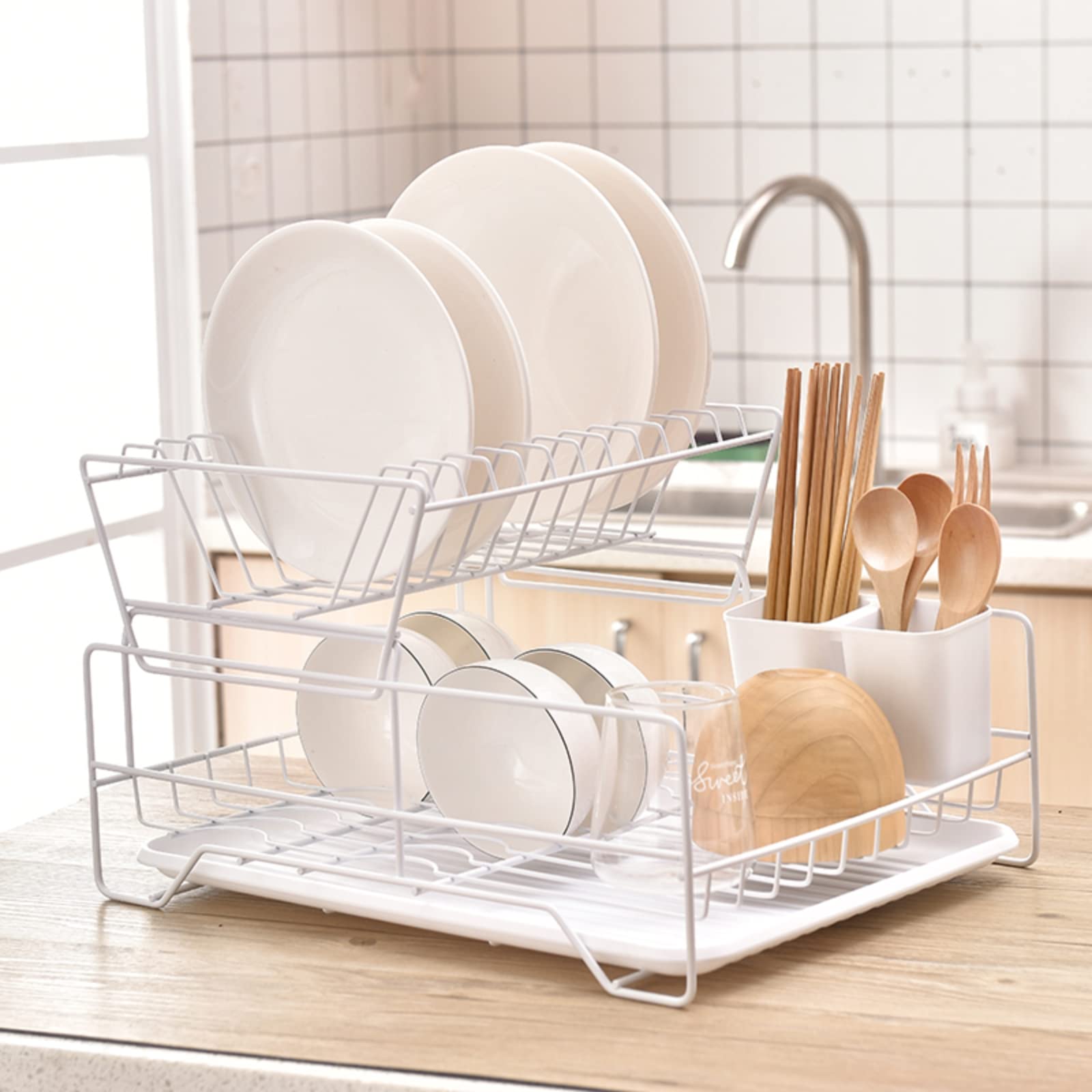 NOVOLANDish Drying Dish Rack Drain Rack Drying Stand Kitchen Drain Rack Rack Iron Wire Tableware Dish Rack Multi-Functional Double-Layer Storage Rack Drain Dish Rack Countertop Storage (White)