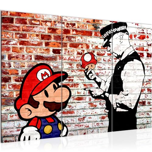 Runa Art Bilder Mario and Cop Banksy Ziegel Mauer Wandbild 120 x 80 cm Vlies - Leinwand Bild XXL Format Wandbilder Wohnzimmer Wohnung Deko Kunstdrucke Rot 3 Teilig 303031b