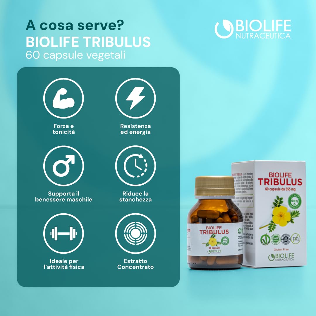 BIOLIFE Tribulus Terrestris | 60 capsule da 655 mg | Titolato 90% SAPONINE ATTIVE | Prodotto VEGANOK, tribulus terrestris alto dosaggio, integratore testosterone uomo, integratore naturale