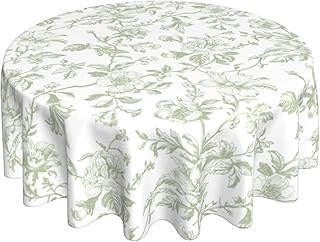 Sage Green Floral Tablecloth Round 70 x 70 Inch Light Green Chinoiserie Floral Table Cloth Polyester Fabric Vintage Spring Summer Flowers Farmhouse Table Cover for Kitchen Party Picnic Outdoor Decor