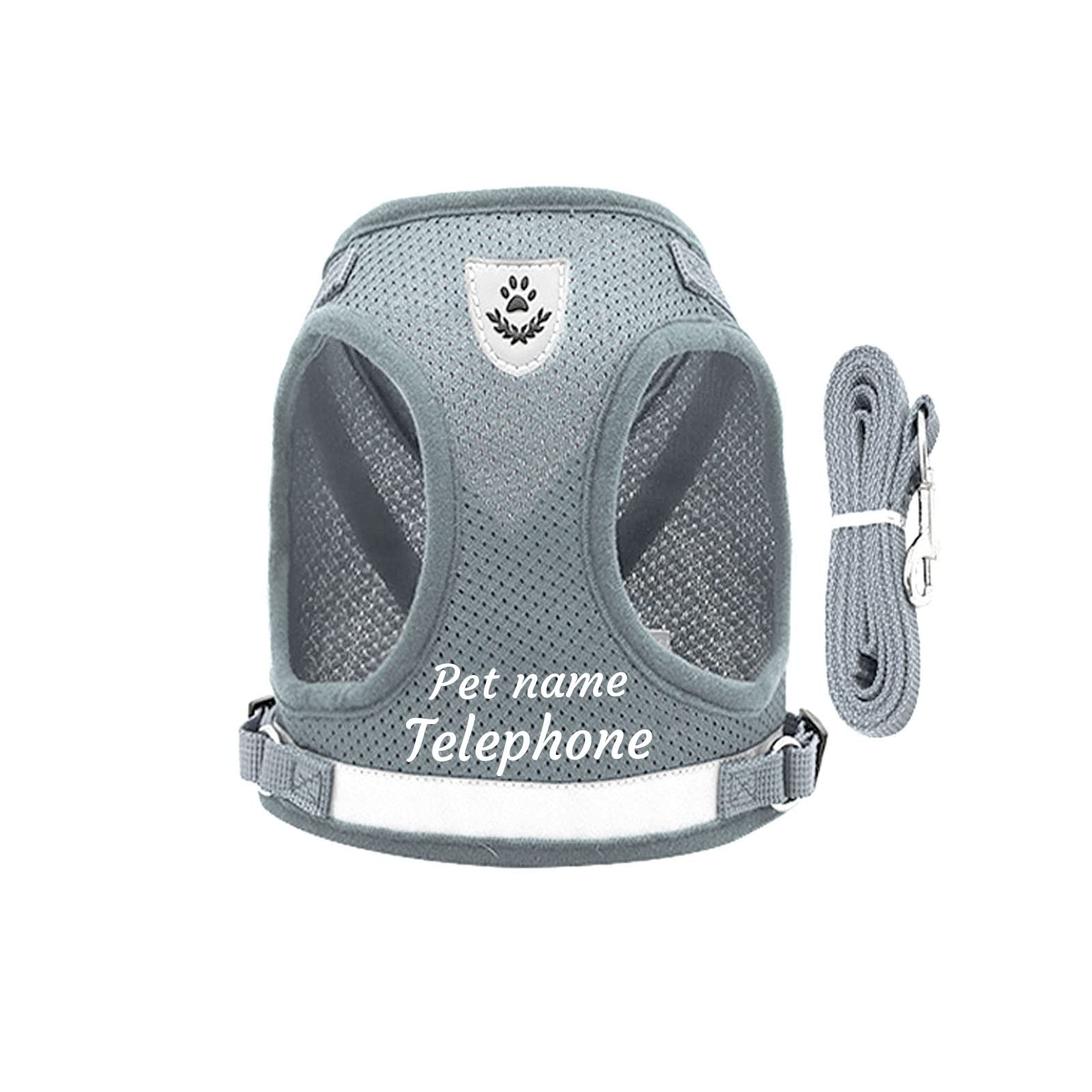 Deggodech Personalized Dog Harness with Pet Name & Phone, Reflective Personalised Dog Harness with Name Soft Breathable Custom Cat Vest Harness and Leash Set for Small Medium Large Dog (Grey, S)