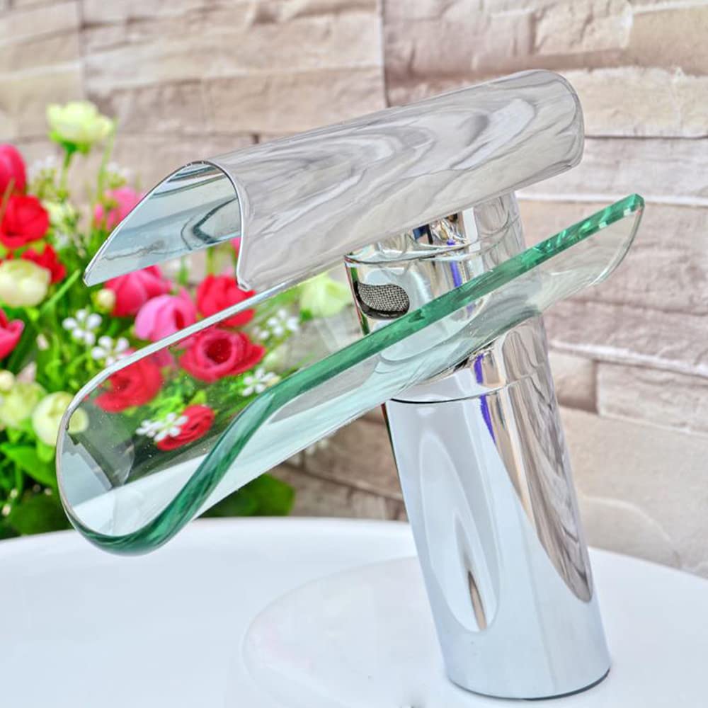 Robinet cascade en verre, mitigeur de lavabo de salle de bain, mitigeur monocommande, cuisine et salle de bain Robinet d'évier à poignée unique chromé