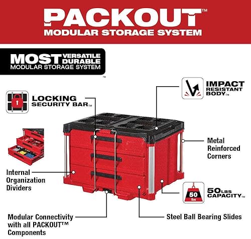 Miniatura 2 de 48-22-8443 para Milwaukee PACKOUT Caja de herramientas de 3 cajones con divisores de ajuste rápido, 50 libras