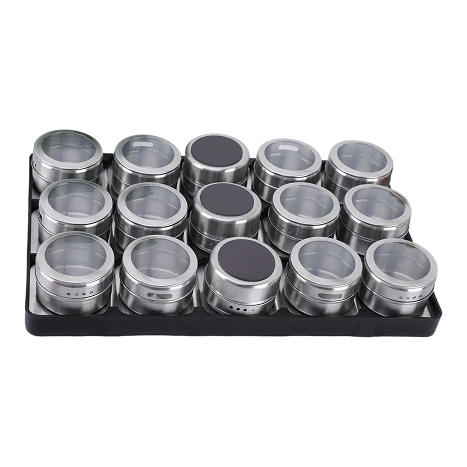 Kitchen Countertop Seasoning Organizer with 14 Stainless Steel Jars and Tray Base, Clear Lid Containers for Daily Cooking and Grill Prep Access Seasoning Organizer Condiment Jars Clear Lid Tins Tray
