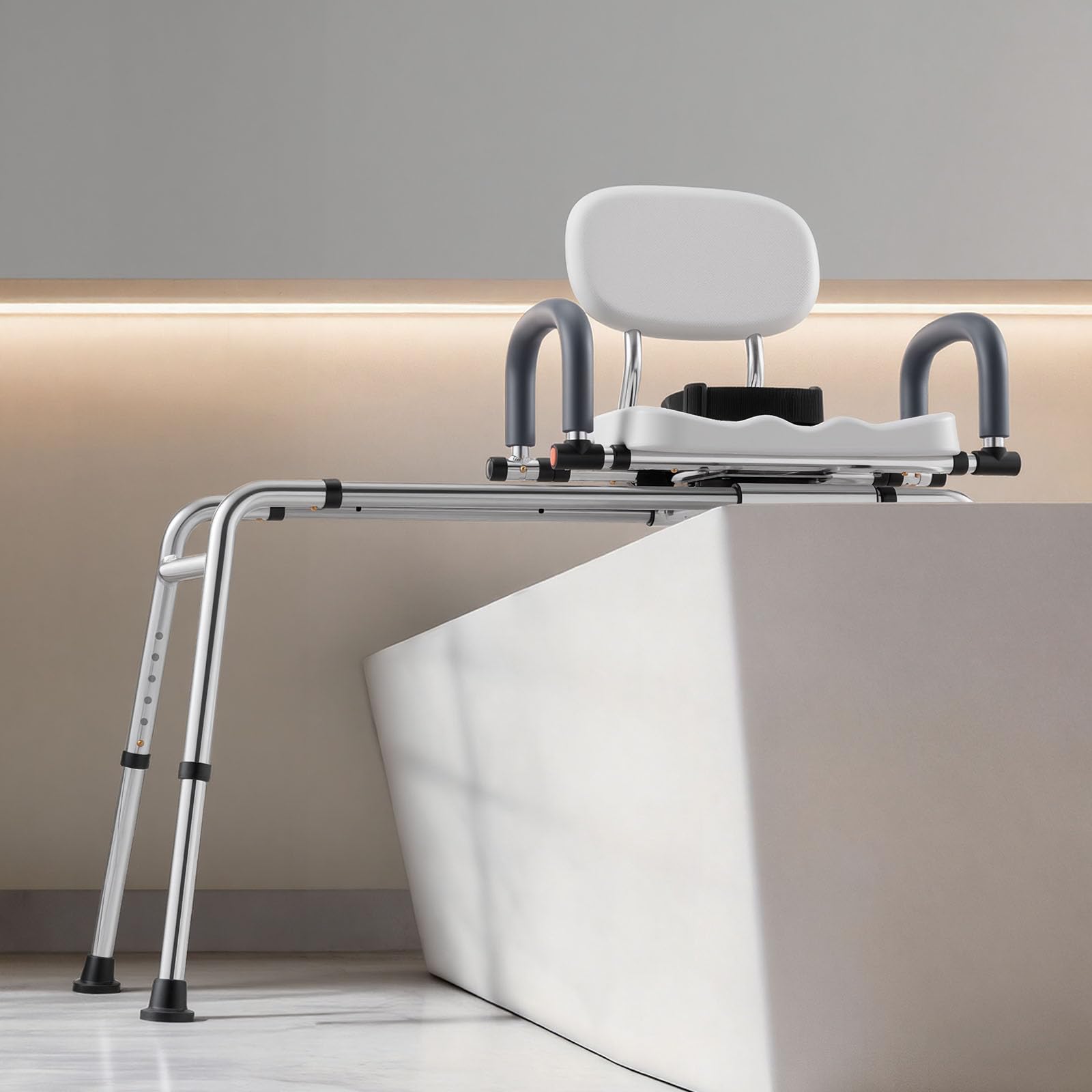 VEVOR Chaise de Baignoire Coulissante, Siège de Transfert pour Baignoire Pivotant, Capacité 180 kg, Accoudoirs et Dossier, pour Adultes, Personnes Âgées et Handicapés, Hauteur et Largeur Réglables