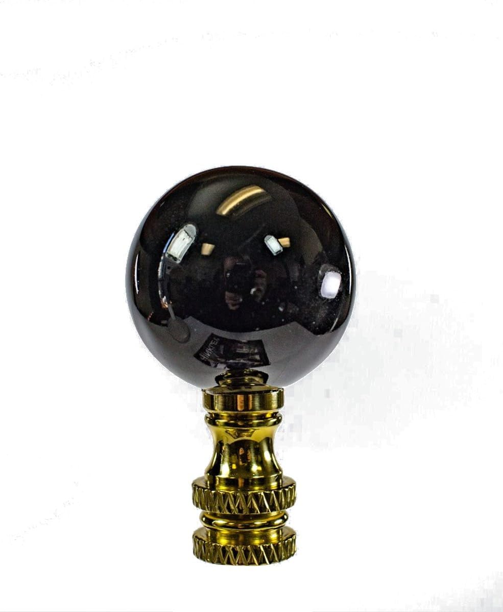 Black Ceramic Ball Lamp Finial 2"h, Polished Brass Base
